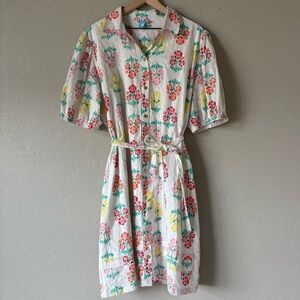 Floral Button-Front White Dress with Belt
